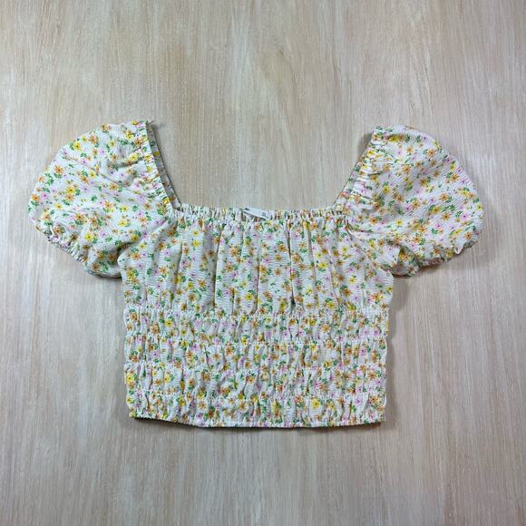 Elodie Short Sleeve Boho Off Shoulder Floral Print Smocked Waist Crop Top XL - Picture 1 of 11